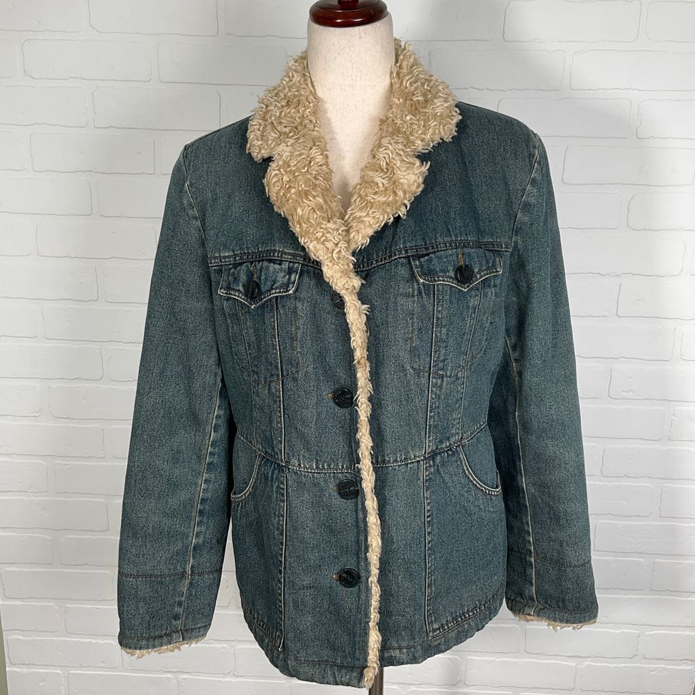 ESPRIT Jacket Women Medium Blue Denim Sherpa Collar Quilted Penny Lane‎ VTG